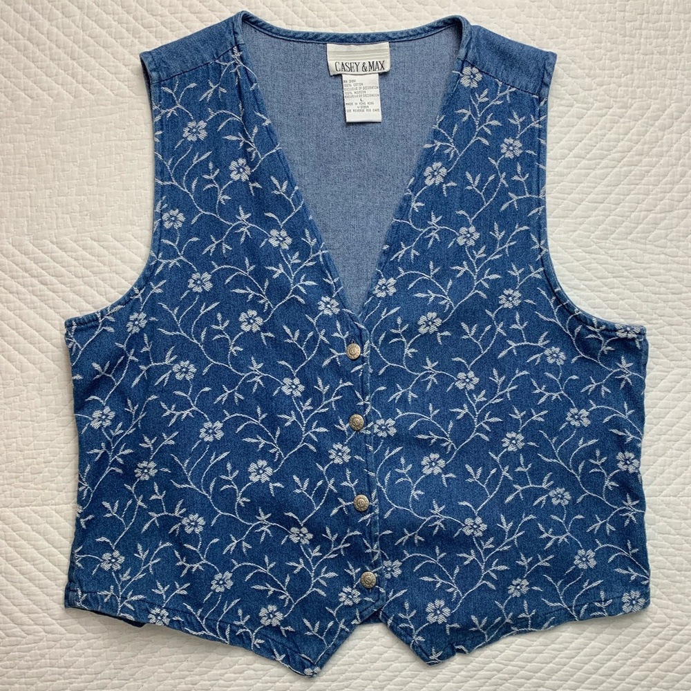 Vintage Blue Denim White Floral Embroidered Vest L